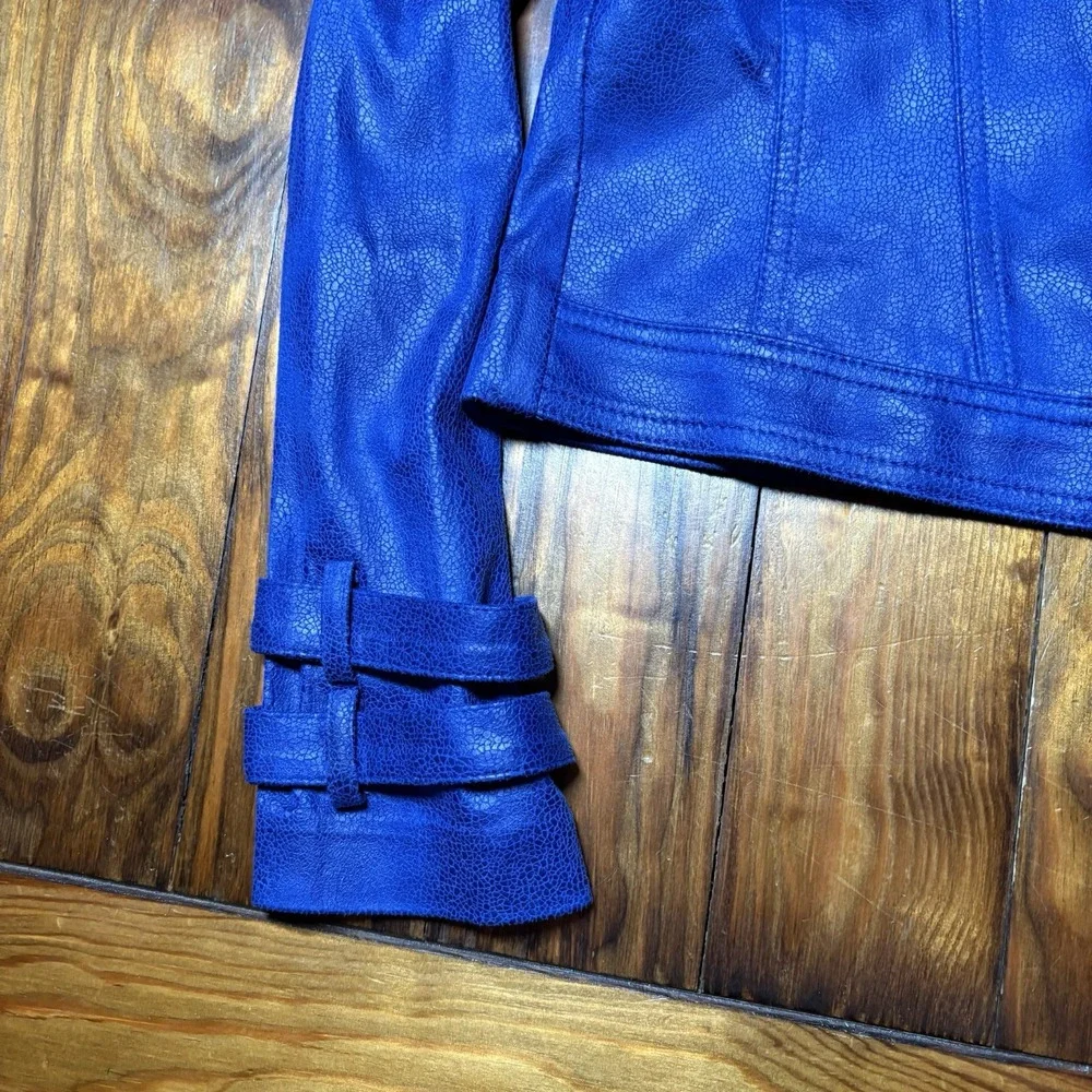 Joseph Ribkoff Sapphire Blue Faux Leather Moto Jacket Sz M A1084